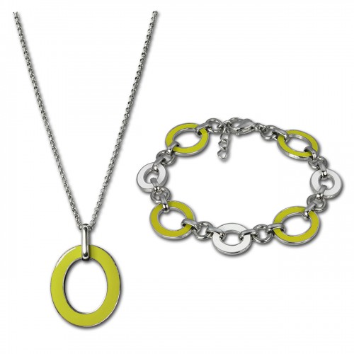 Amello Edelstahlschmuckset Emaille Oval gelb Kette, Armband ESSG07Y